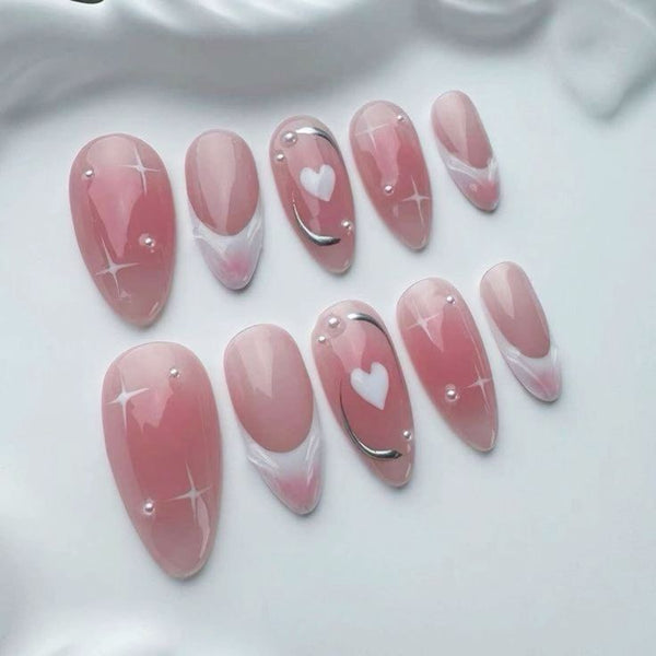 Pink Glossy Press-On Nails with Heart & Pearl Design